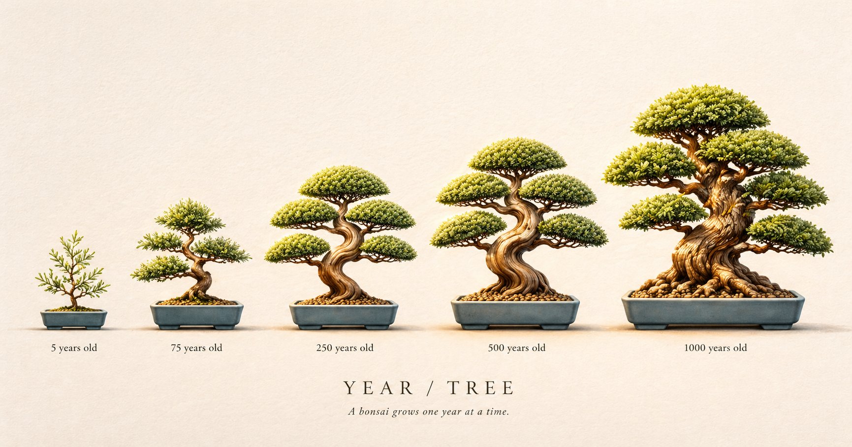 A bonsai tree shown at five stages of life: 5, 75, 250, 500, and 1000 years old